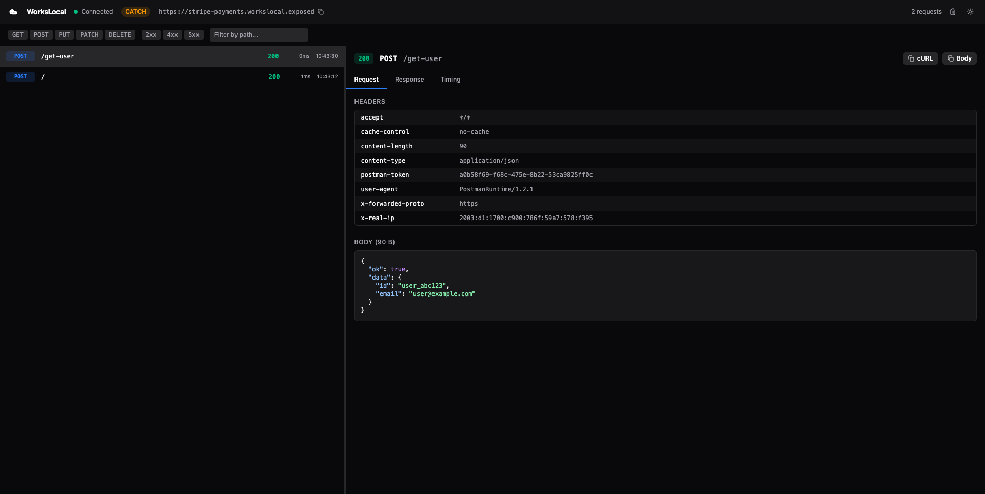 WorksLocal Web Inspector showing request list and detail panes